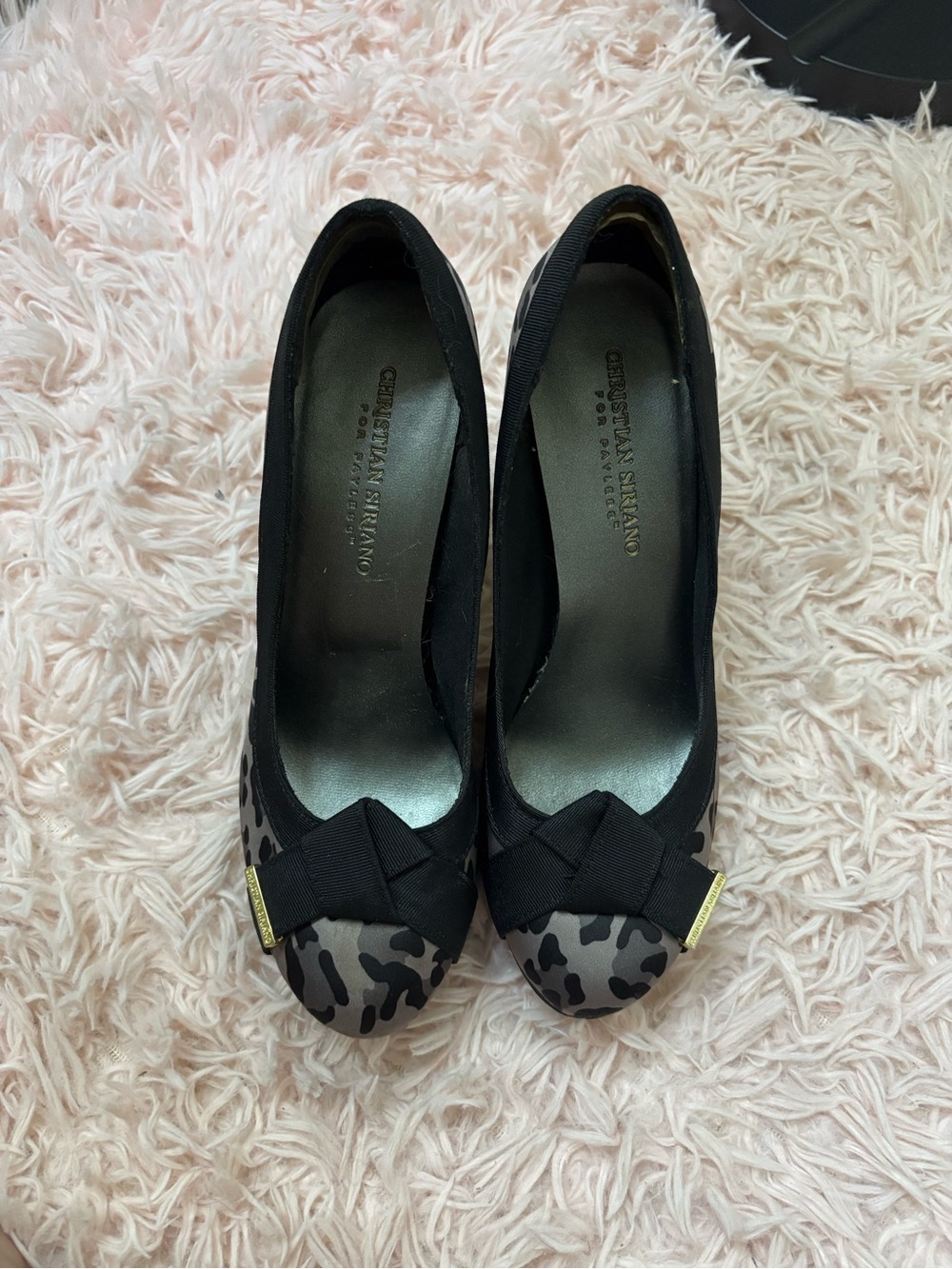Christian Siriano Black and Gray Leopard-Print Bow Heels